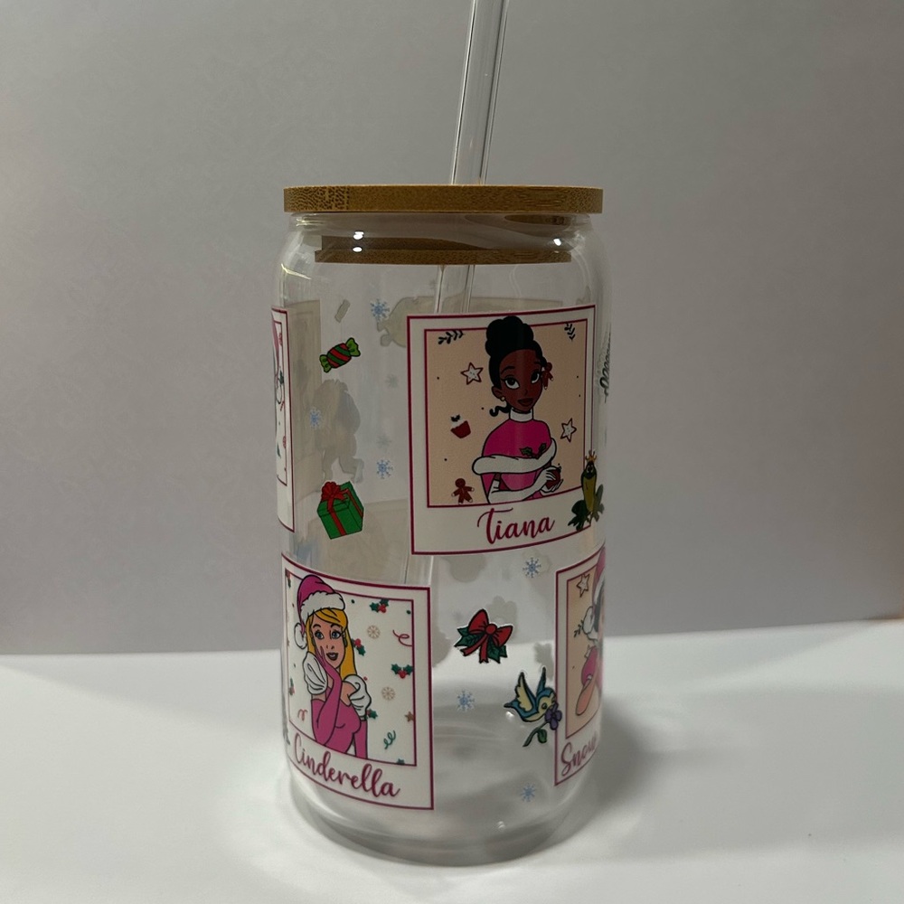 Princesses 16oz glass cups with wraps, Iced Coffee Glass Cup with Lid and Straw.